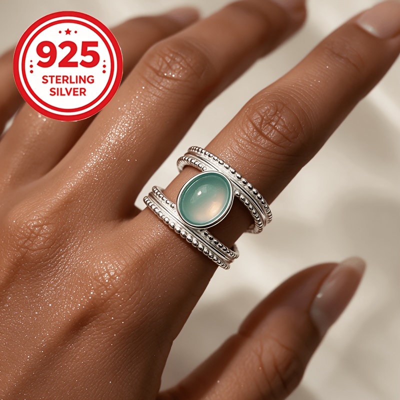 Women's 925 Silver Adjustable Lace Green Double-Layer Ring